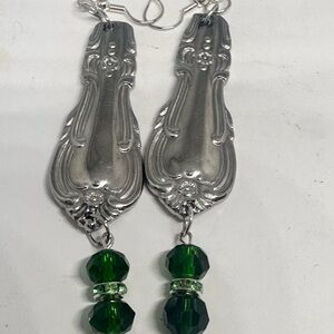 Artisan Silver spoon ring and emerald Drop Earrings